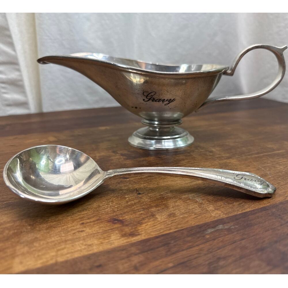 Metal " Gravy " Inscribed Gravy Boat Dish & Coordinating Ladle / Serving Spoon
